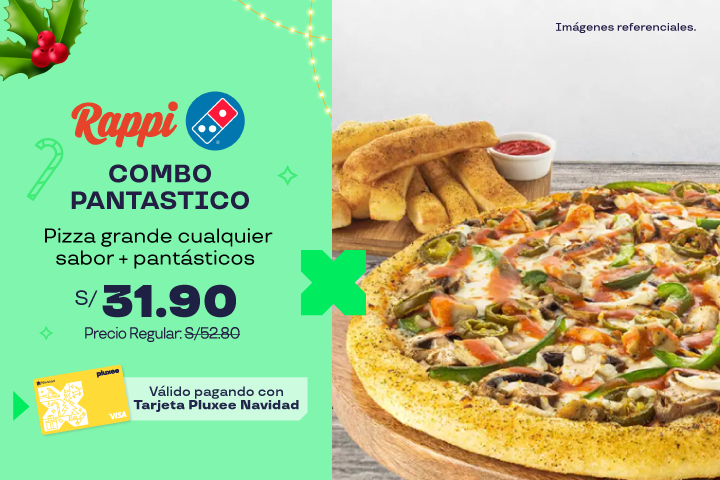 COMBO PANTASTICO: 40% OFF EN 1 PIZZA GRANDE CUALQUIER SABOR + PANTÁSTICOS A S/31.90.PRECIO REGULAR S/ 52.80. 